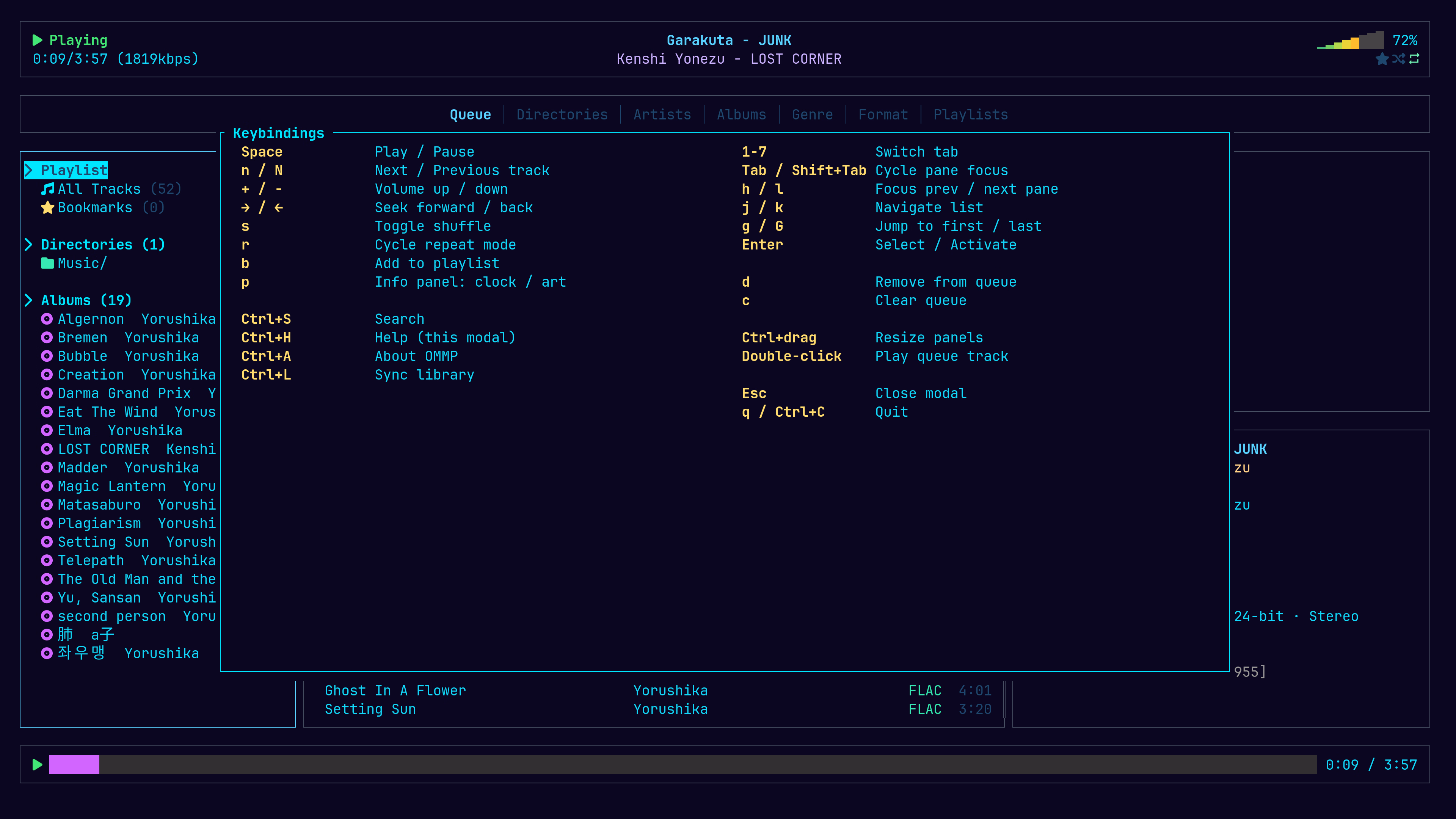 The keybinding overlay, two columns covering playback and navigation